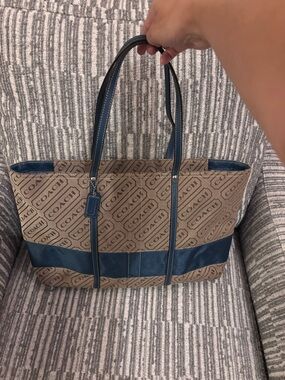 Coach Brown Canvas Tote with Blue Trim